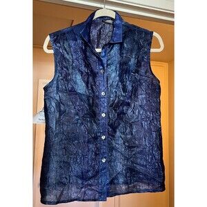 Searle Womens Blouse Size M Navy Button Up Sleeveless Ruffle Lightweight